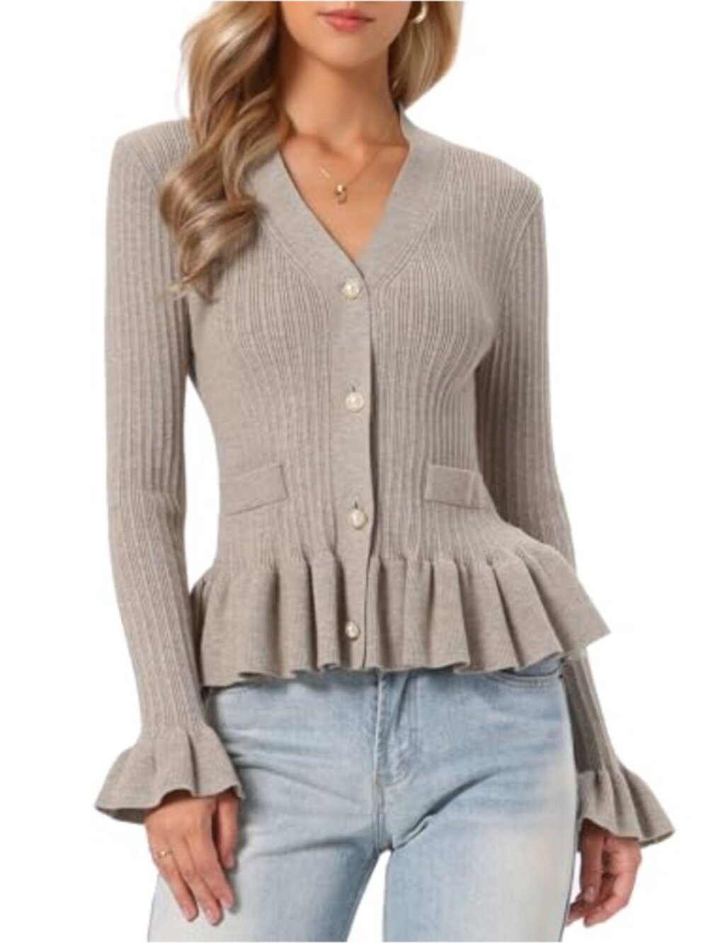 Womens V Neck Long Sleeve Pearl Button Open Front Cardigan Sweater